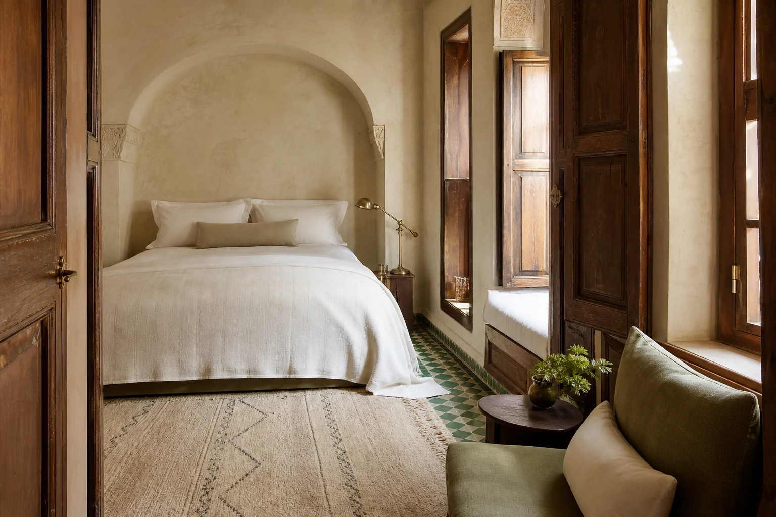 Dar Damana guest suite with carved cedar and olive green zellige