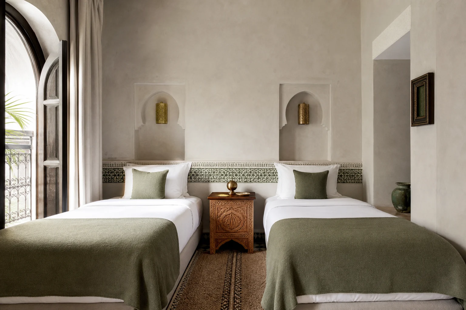 Twin guest suite at Dar Damana with sage textiles and tadelakt walls